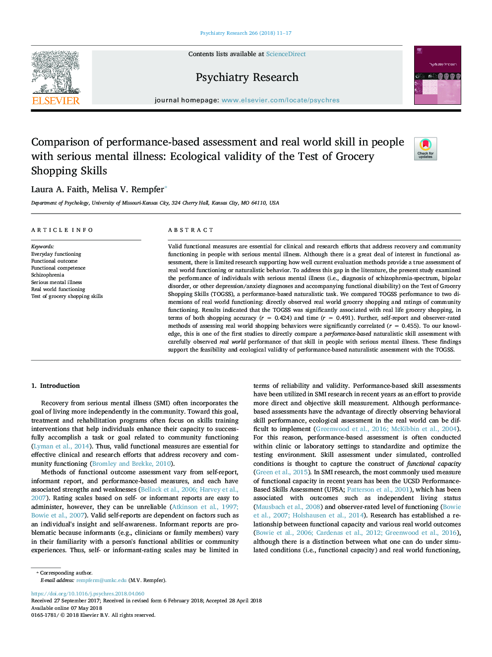 Comparison of performance-based assessment and real world skill in people with serious mental illness: Ecological validity of the Test of Grocery Shopping Skills