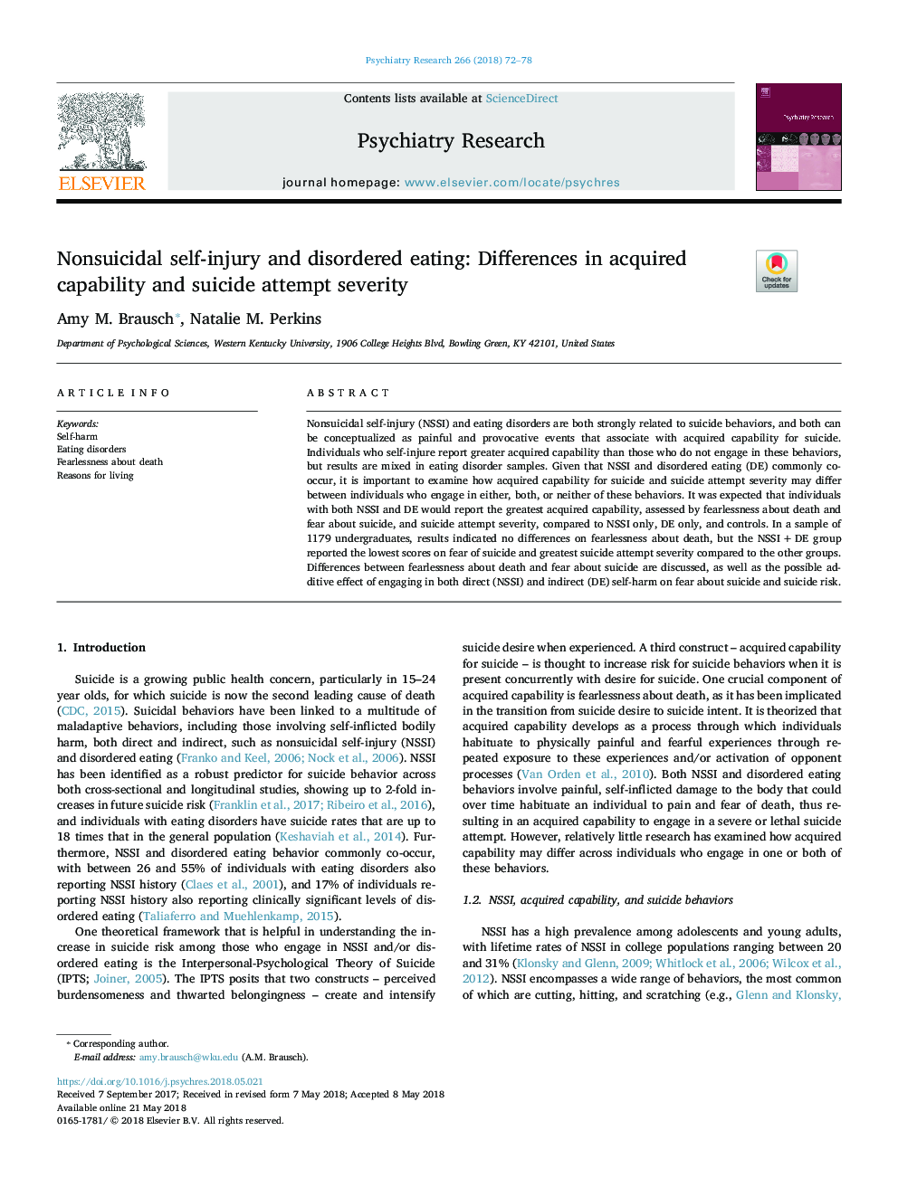 Nonsuicidal self-injury and disordered eating: Differences in acquired capability and suicide attempt severity