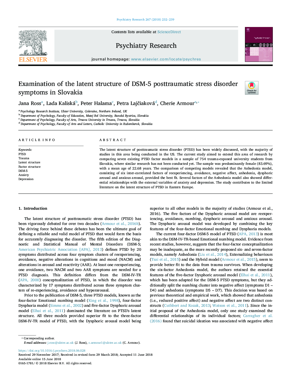 Examination of the latent structure of DSM-5 posttraumatic stress disorder symptoms in Slovakia