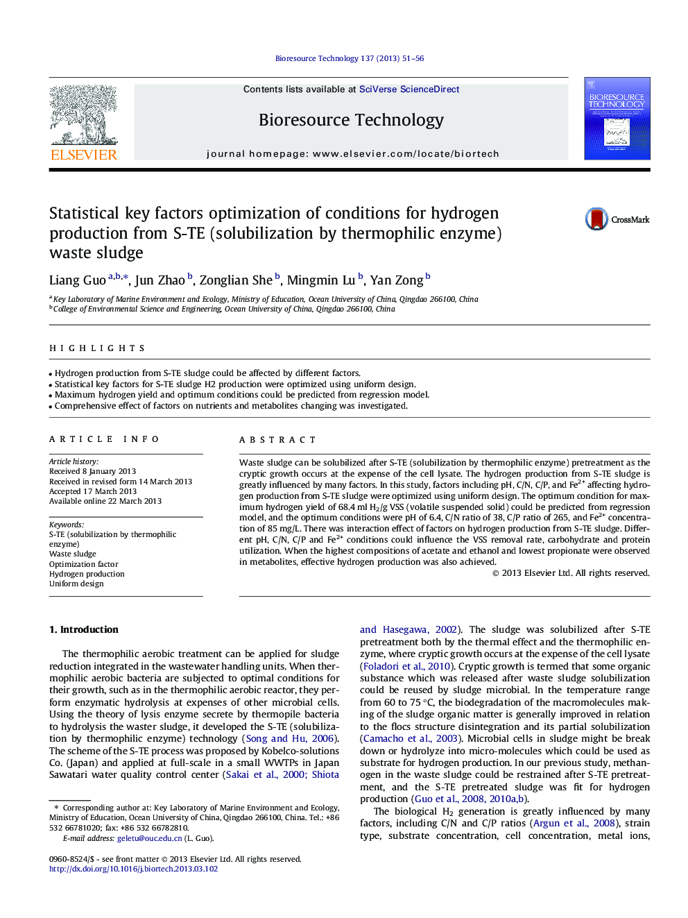 Statistical key factors optimization of conditions for hydrogen production from S-TE (solubilization by thermophilic enzyme) waste sludge