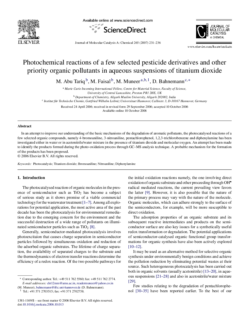 عکس صفحه اول مقاله: Photochemical reactions of a few selected pesticide derivatives and other priority organic pollutants in aqueous suspensions of titanium dioxide Photochemical reactions of a few selected pesticide derivatives and other priority organic pollutants in aqueous suspensions of titanium dioxide