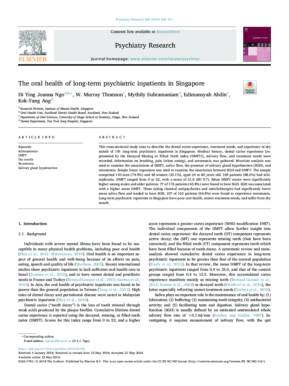 بهداشت دهان و دندان در بیمارستان های طولانی مدت روانپزشکی در سنگاپور 