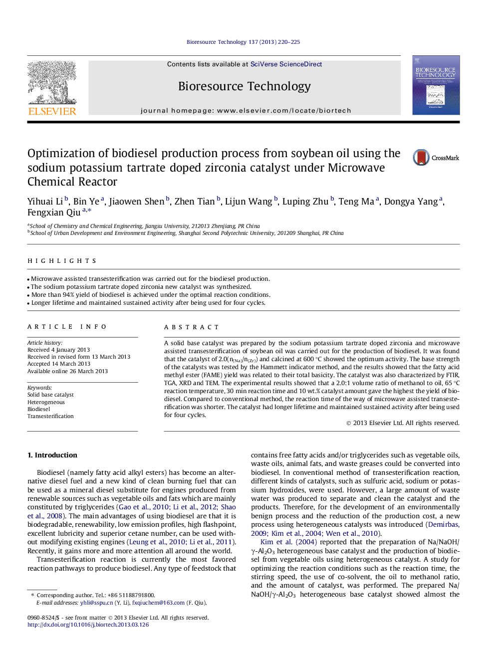 Optimization of biodiesel production process from soybean oil using the sodium potassium tartrate doped zirconia catalyst under Microwave Chemical Reactor