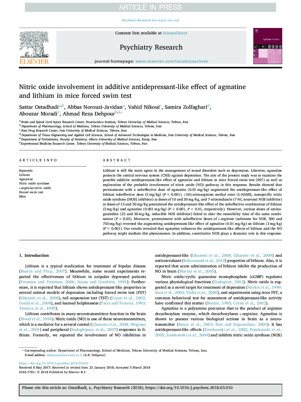 Nitric oxide involvement in additive antidepressant-like effect of agmatine and lithium in mice forced swim test