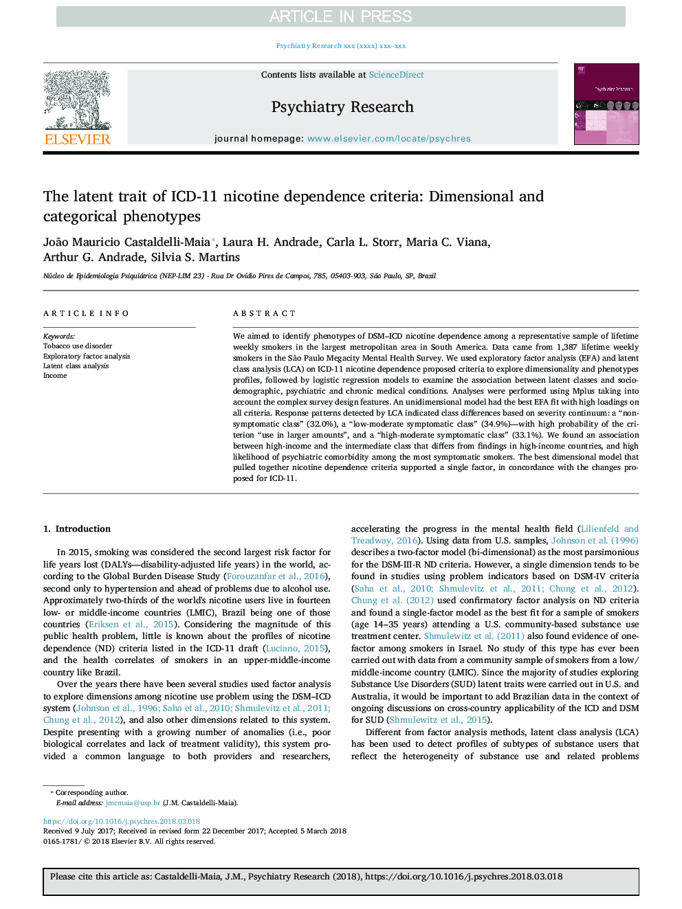 The latent trait of ICD-11 nicotine dependence criteria: Dimensional and categorical phenotypes