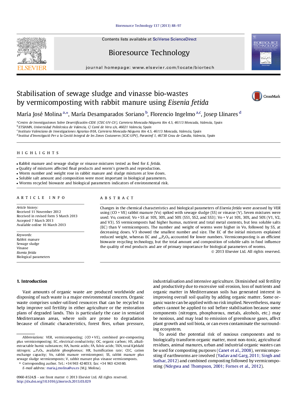 عکس صفحه اول مقاله: Stabilisation of sewage sludge and vinasse bio-wastes by vermicomposting with rabbit manure using Eisenia fetida Stabilisation of sewage sludge and vinasse bio-wastes by vermicomposting with rabbit manure using Eisenia fetida