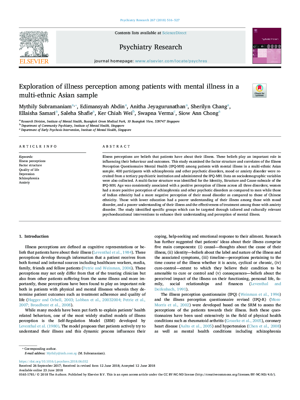 Exploration of illness perception among patients with mental illness in a multi-ethnic Asian sample