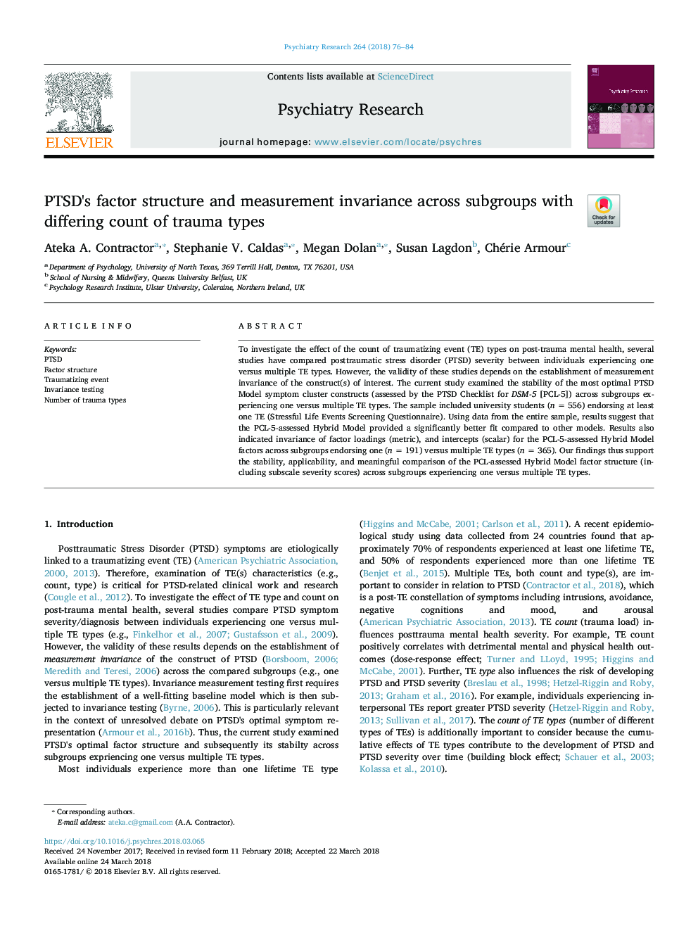 PTSD's factor structure and measurement invariance across subgroups with differing count of trauma types