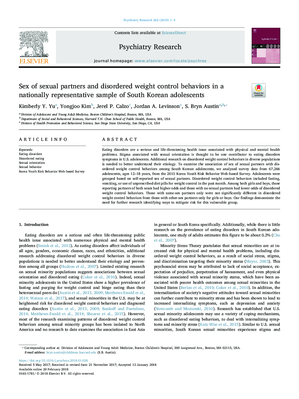 Sex of sexual partners and disordered weight control behaviors in a nationally representative sample of South Korean adolescents