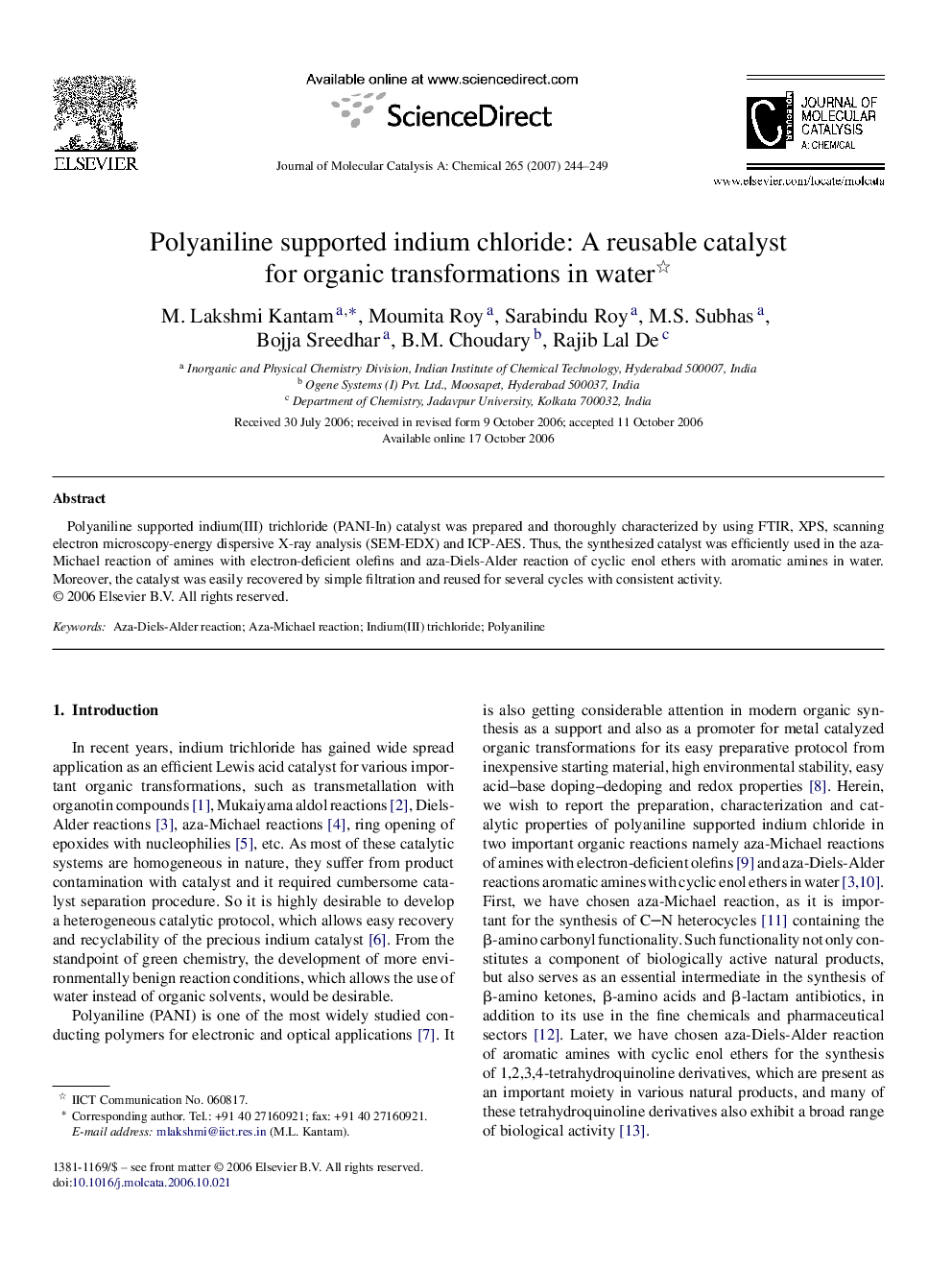 Polyaniline supported indium chloride: A reusable catalyst for organic transformations in water 