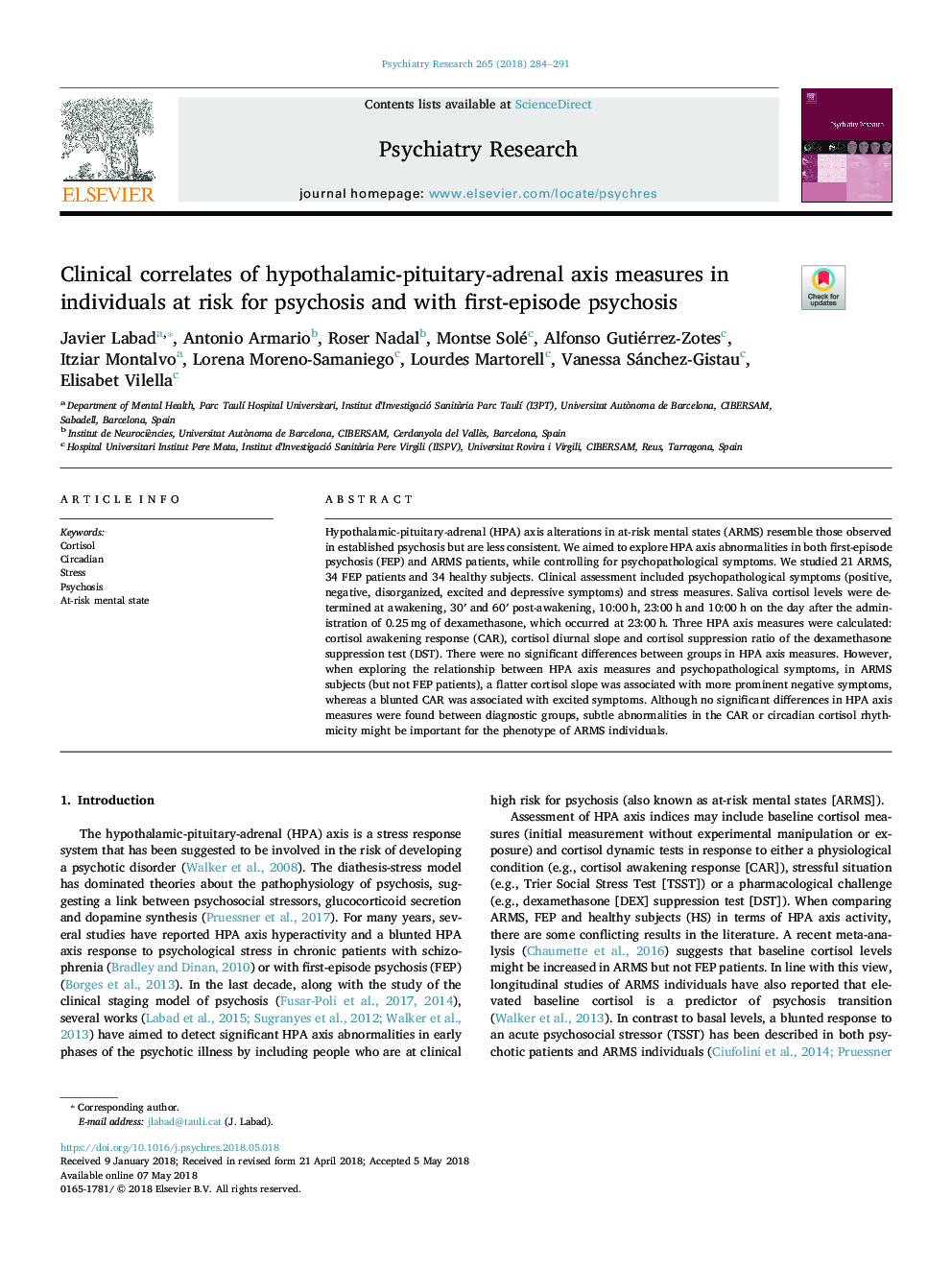 Clinical correlates of hypothalamic-pituitary-adrenal axis measures in individuals at risk for psychosis and with first-episode psychosis