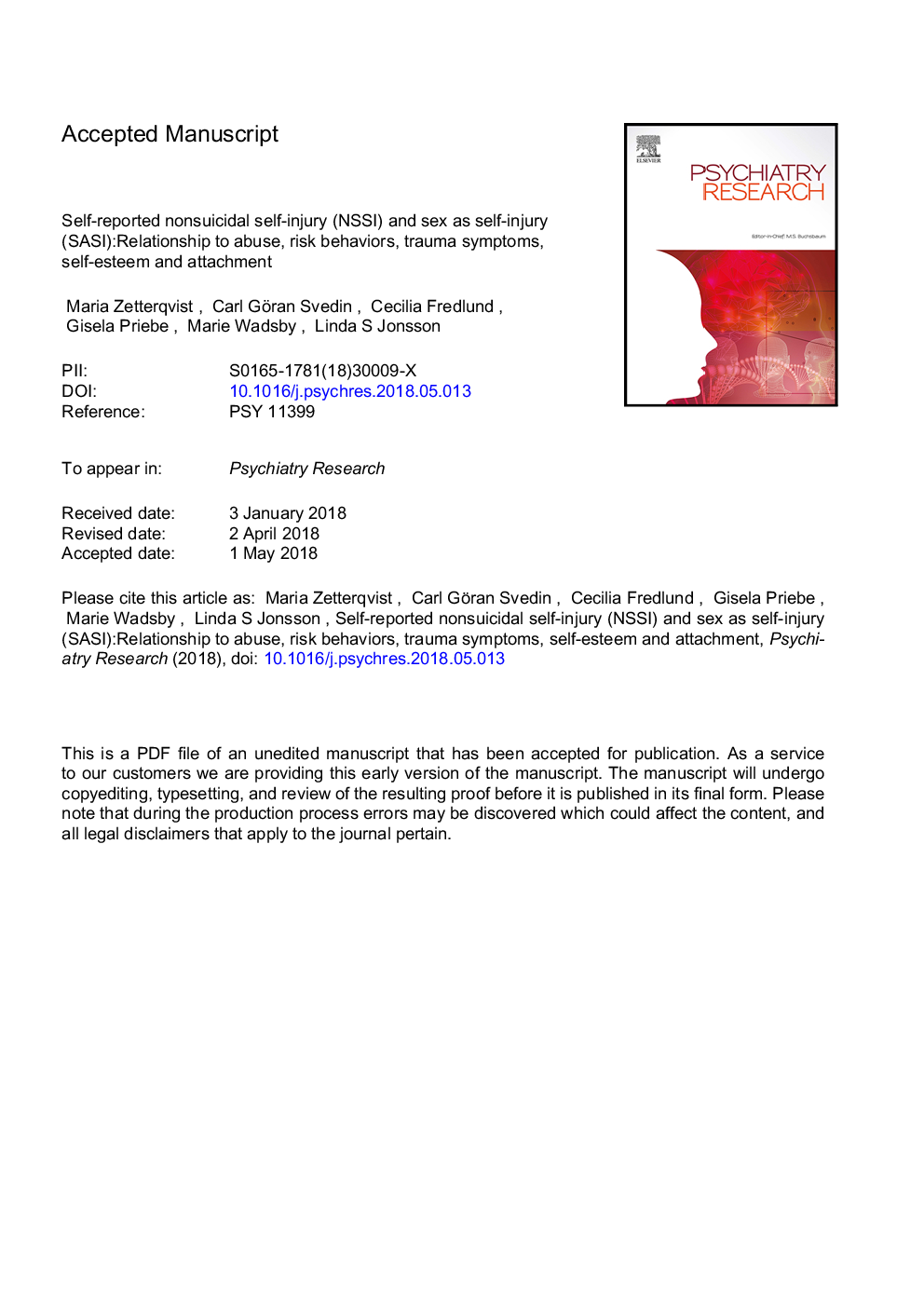 Self-reported nonsuicidal self-injury (NSSI) and sex as self-injury (SASI): Relationship to abuse, risk behaviors, trauma symptoms, self-esteem and attachment