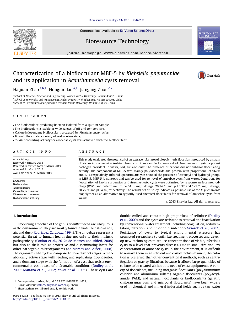 Characterization of a bioflocculant MBF-5 by Klebsiella pneumoniae and its application in Acanthamoeba cysts removal