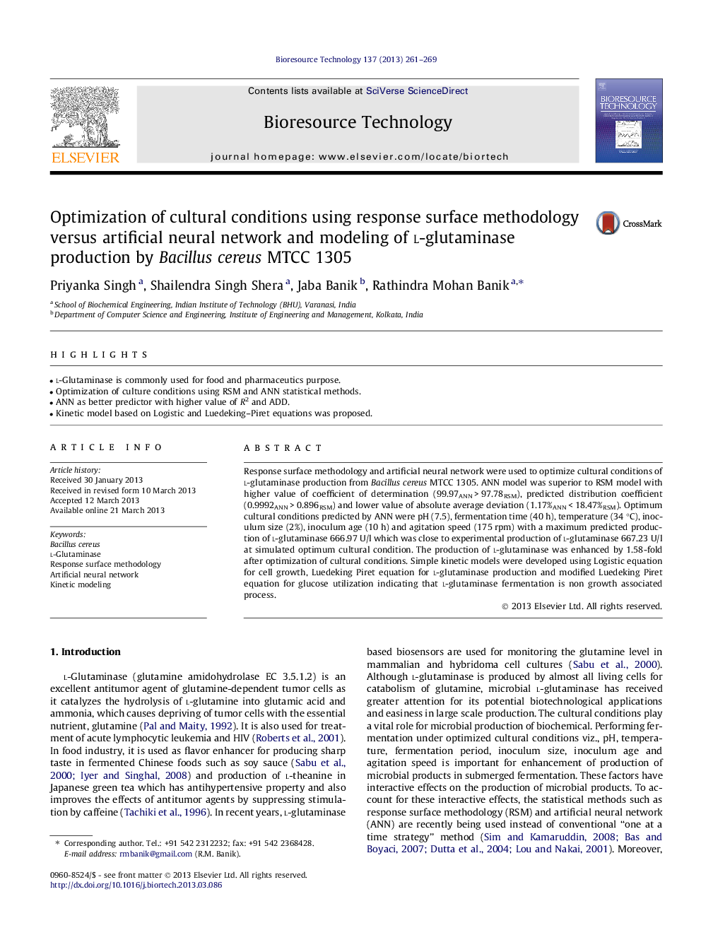 عکس صفحه اول مقاله: Optimization of cultural conditions using response surface methodology versus artificial neural network and modeling of l-glutaminase production by Bacillus cereus MTCC 1305 Optimization of cultural conditions using response surface methodology versus artificial neural network and modeling of l-glutaminase production by Bacillus cereus MTCC 1305