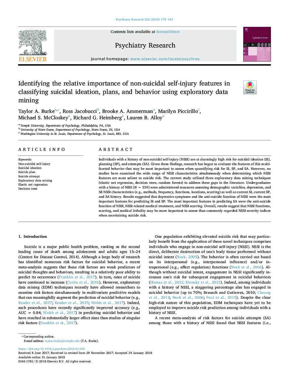 Identifying the relative importance of non-suicidal self-injury features in classifying suicidal ideation, plans, and behavior using exploratory data mining