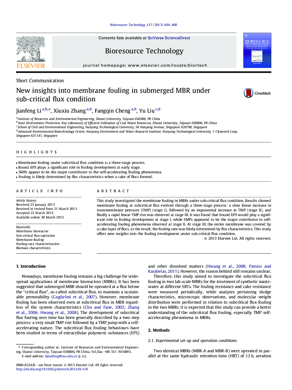 New insights into membrane fouling in submerged MBR under sub-critical flux condition