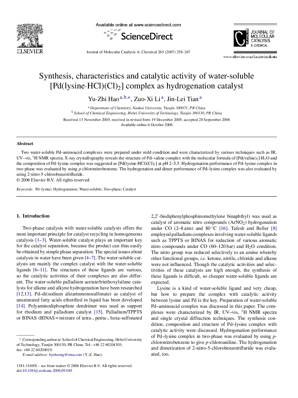 Synthesis, characteristics and catalytic activity of water-soluble [Pd(lysine·HCl)(Cl)2] complex as hydrogenation catalyst