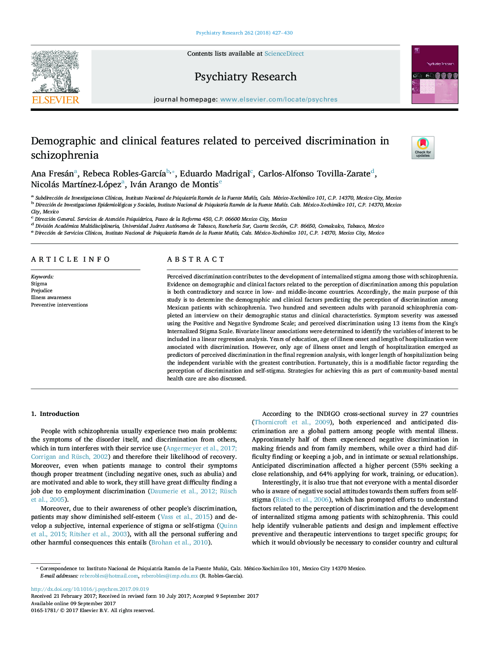 Demographic and clinical features related to perceived discrimination in schizophrenia