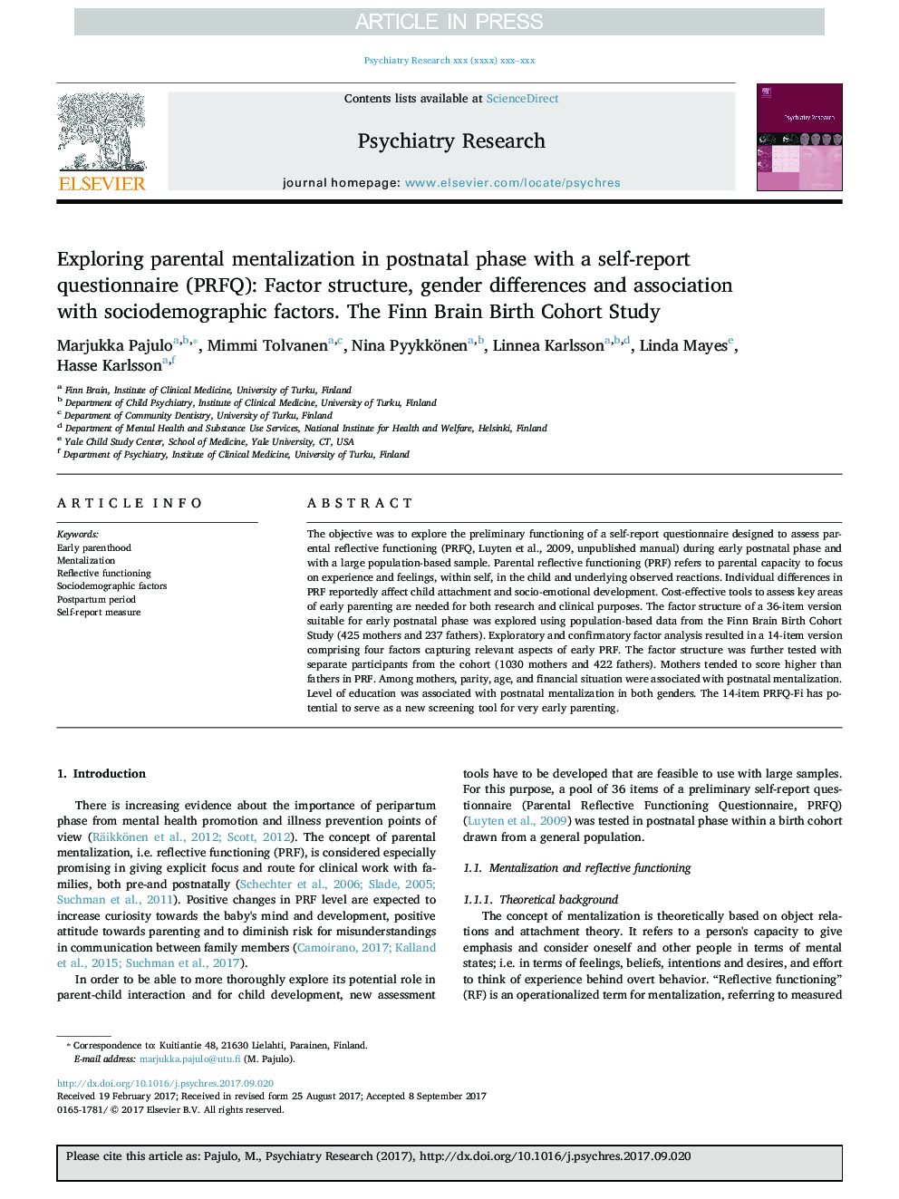 Exploring parental mentalization in postnatal phase with a self-report questionnaire (PRFQ): Factor structure, gender differences and association with sociodemographic factors. The Finn Brain Birth Cohort Study