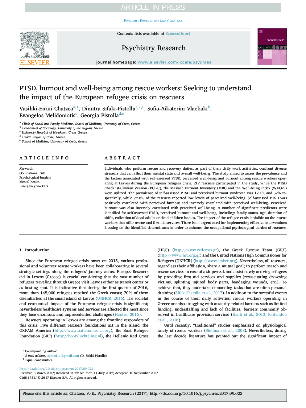 PTSD, burnout and well-being among rescue workers: Seeking to understand the impact of the European refugee crisis on rescuers