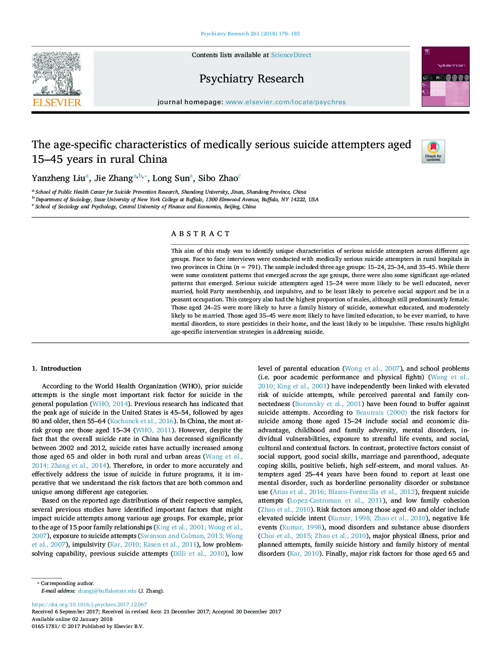 The age-specific characteristics of medically serious suicide attempters aged 15-45 years in rural China