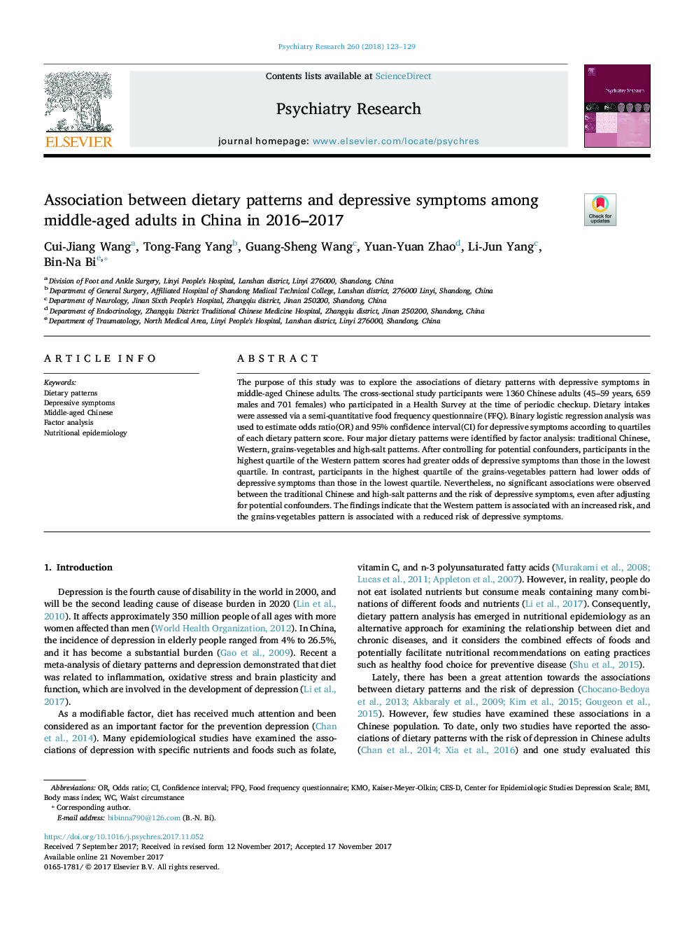 Association between dietary patterns and depressive symptoms among middle-aged adults in China in 2016-2017