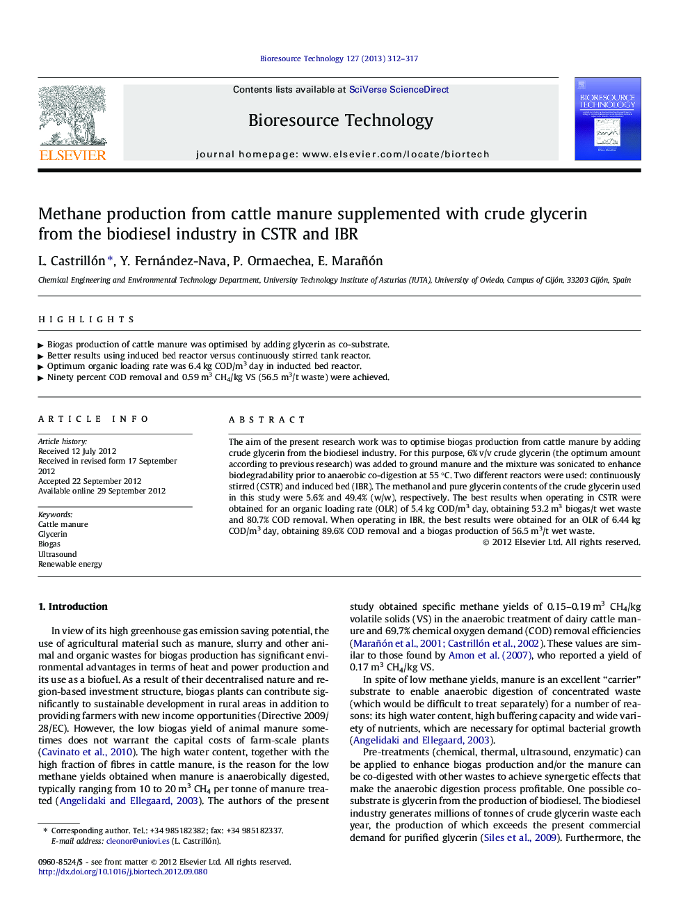 Methane production from cattle manure supplemented with crude glycerin from the biodiesel industry in CSTR and IBR