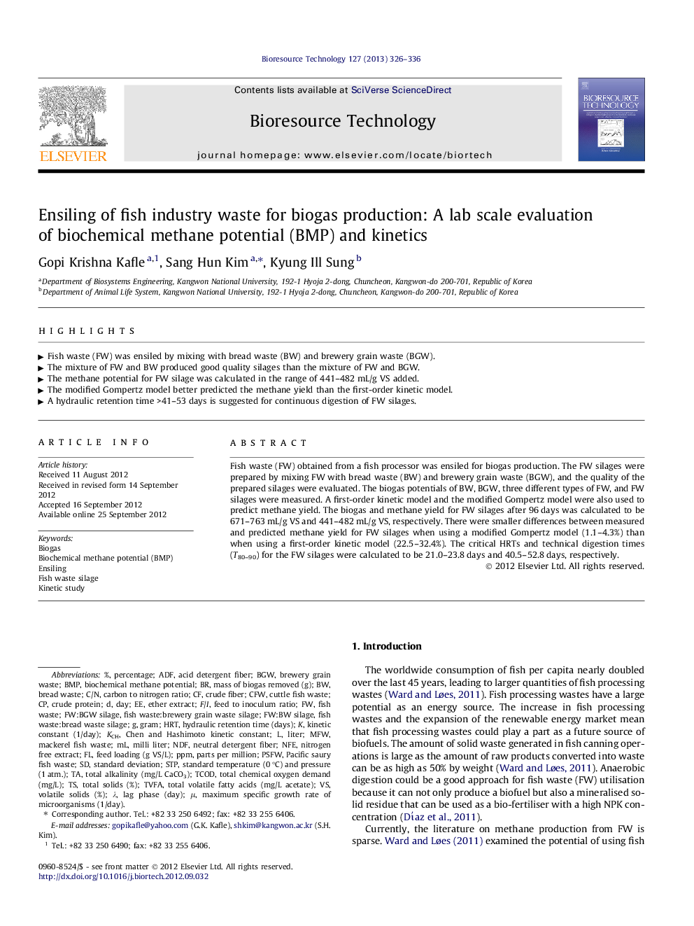 Ensiling of fish industry waste for biogas production: A lab scale evaluation of biochemical methane potential (BMP) and kinetics