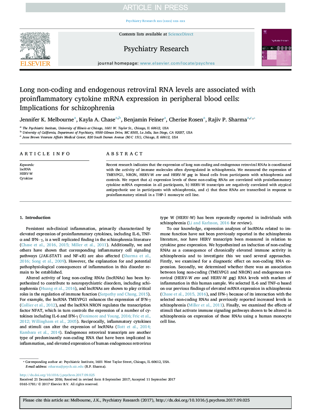 Long non-coding and endogenous retroviral RNA levels are associated with proinflammatory cytokine mRNA expression in peripheral blood cells: Implications for schizophrenia