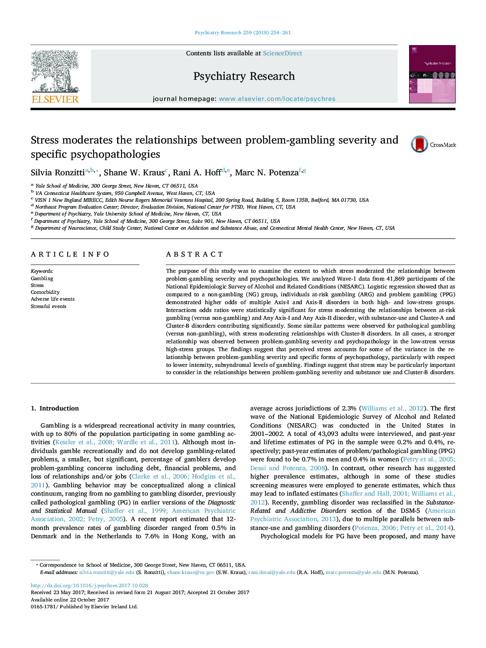 Stress moderates the relationships between problem-gambling severity and specific psychopathologies