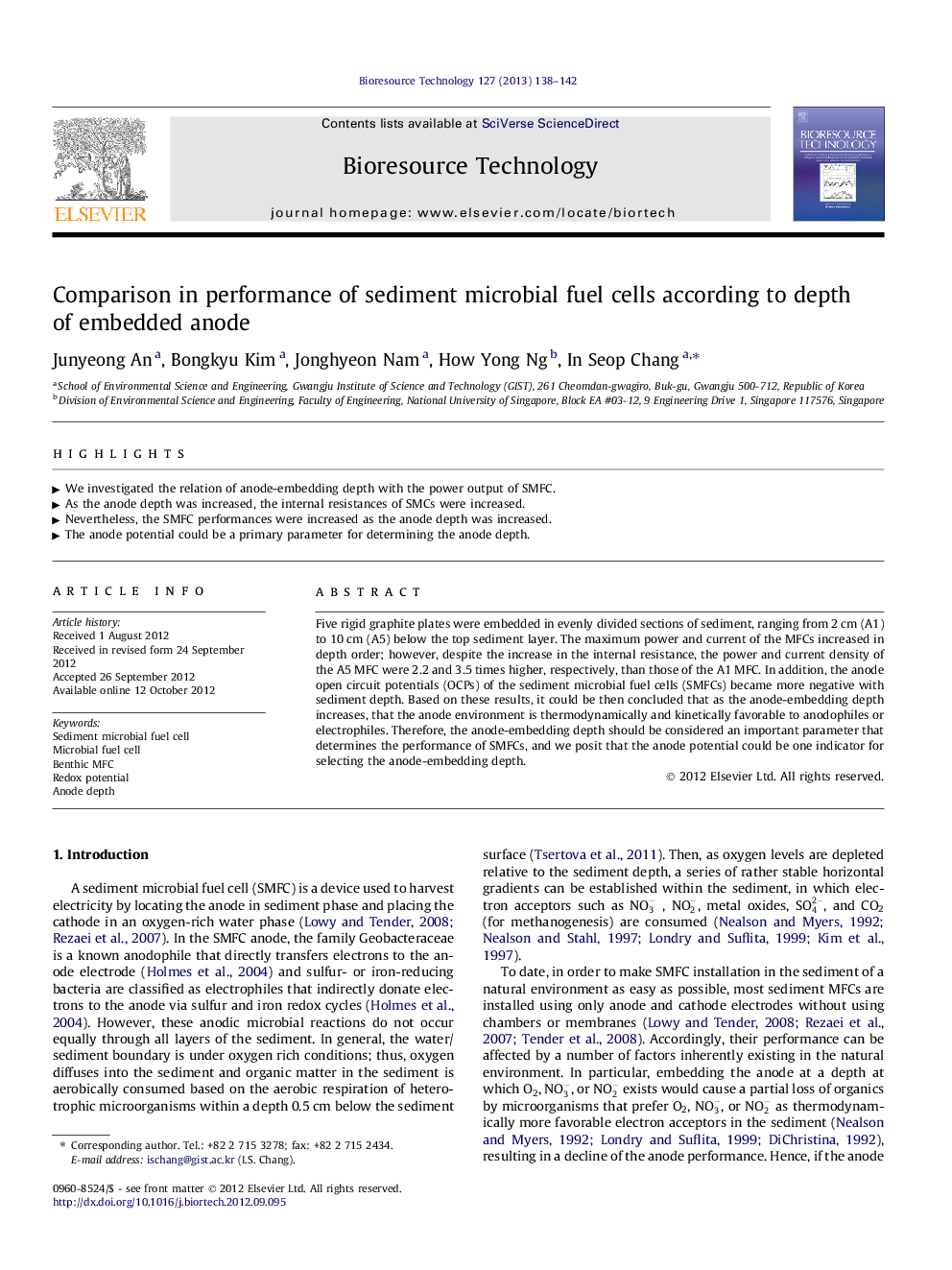 عکس صفحه اول مقاله: Comparison in performance of sediment microbial fuel cells according to depth of embedded anode Comparison in performance of sediment microbial fuel cells according to depth of embedded anode