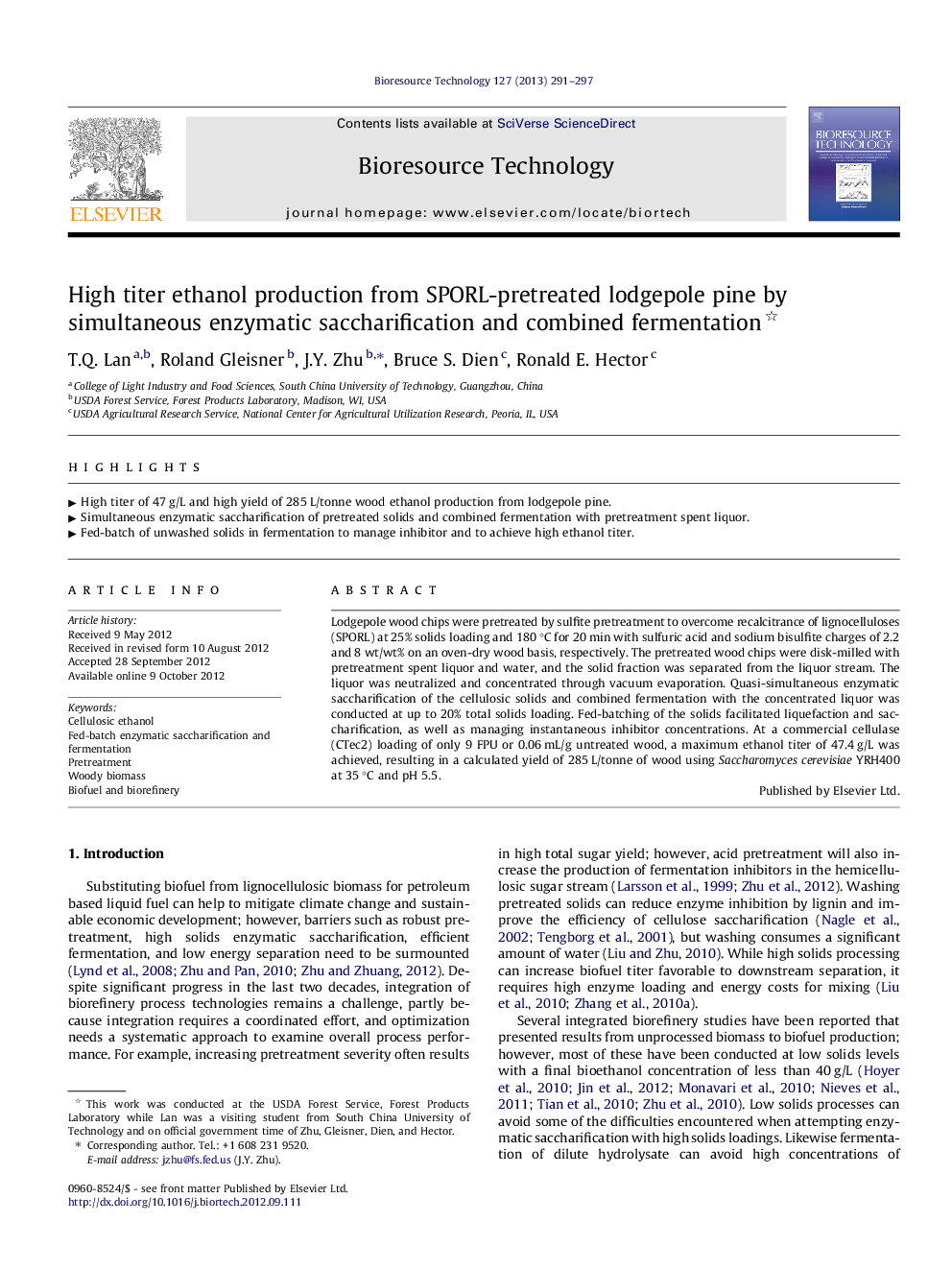 High titer ethanol production from SPORL-pretreated lodgepole pine by simultaneous enzymatic saccharification and combined fermentation 