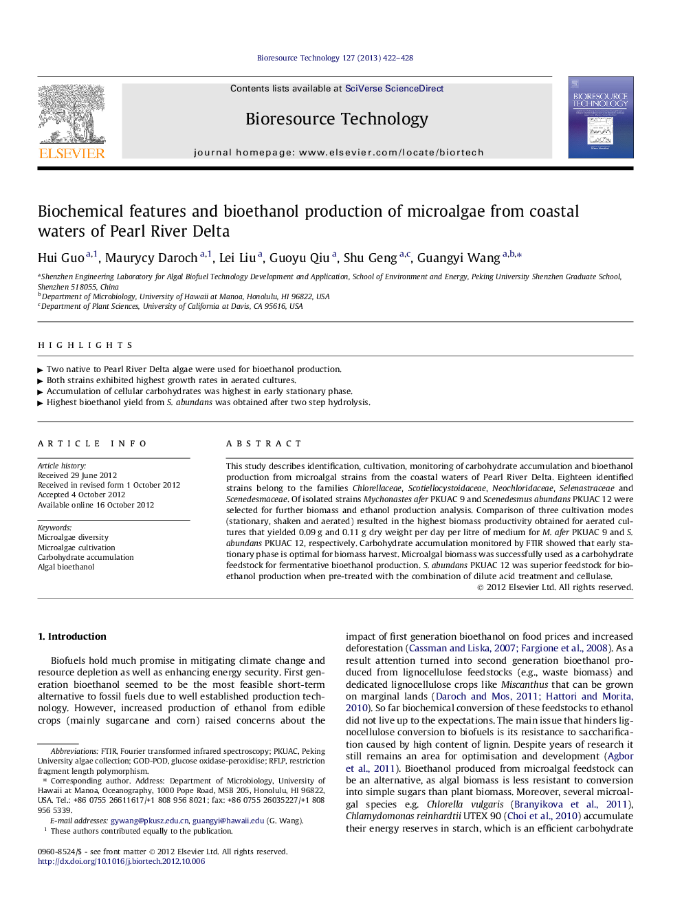 Biochemical features and bioethanol production of microalgae from coastal waters of Pearl River Delta