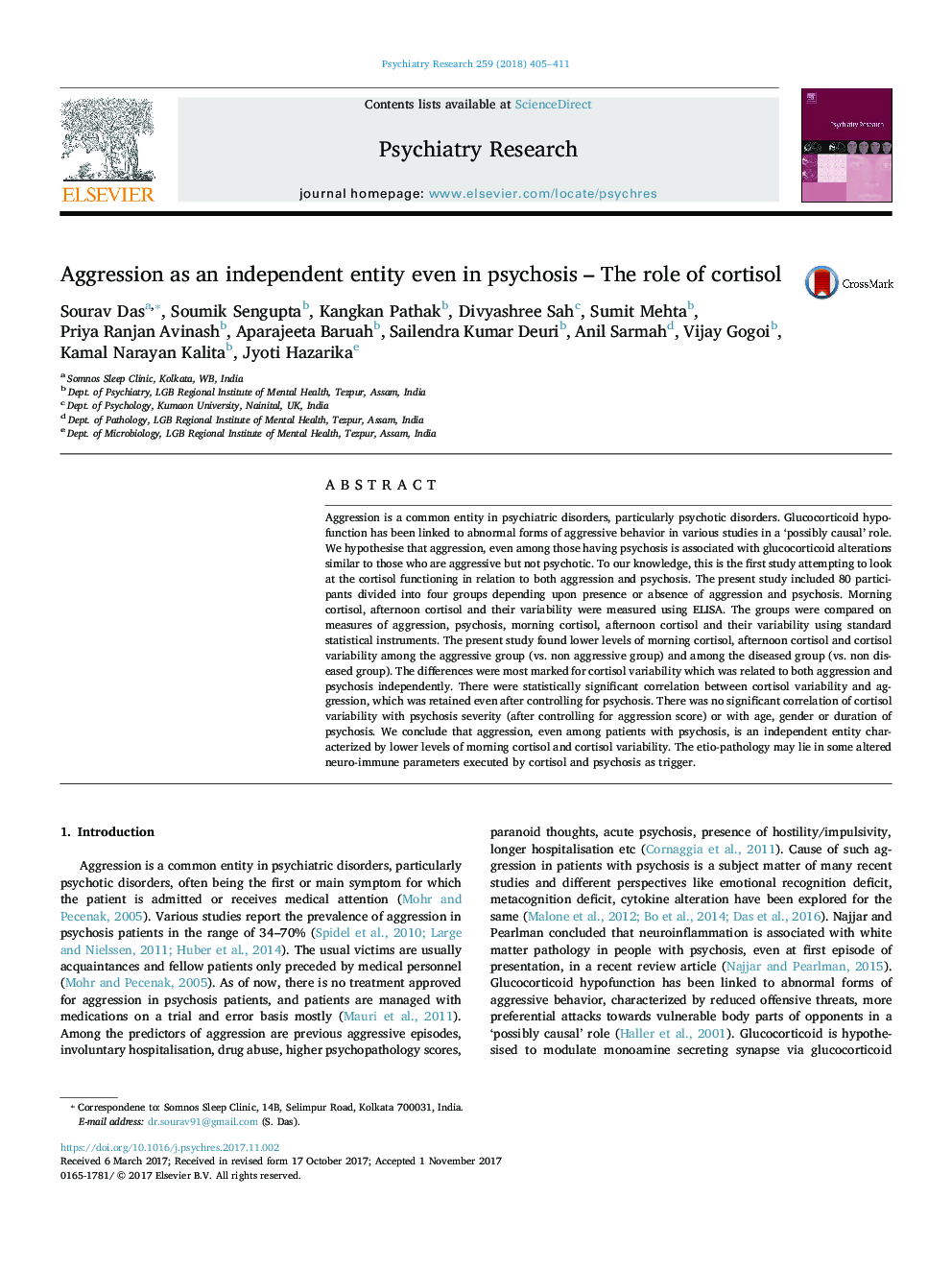 Aggression as an independent entity even in psychosis - The role of cortisol