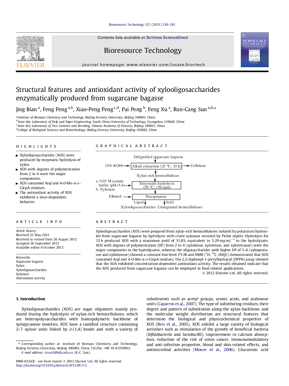 Structural features and antioxidant activity of xylooligosaccharides enzymatically produced from sugarcane bagasse