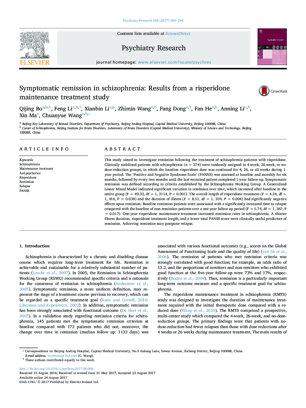 Symptomatic remission in schizophrenia: Results from a risperidone maintenance treatment study