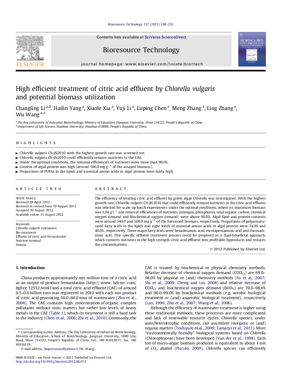 High efficient treatment of citric acid effluent by Chlorella vulgaris and potential biomass utilization