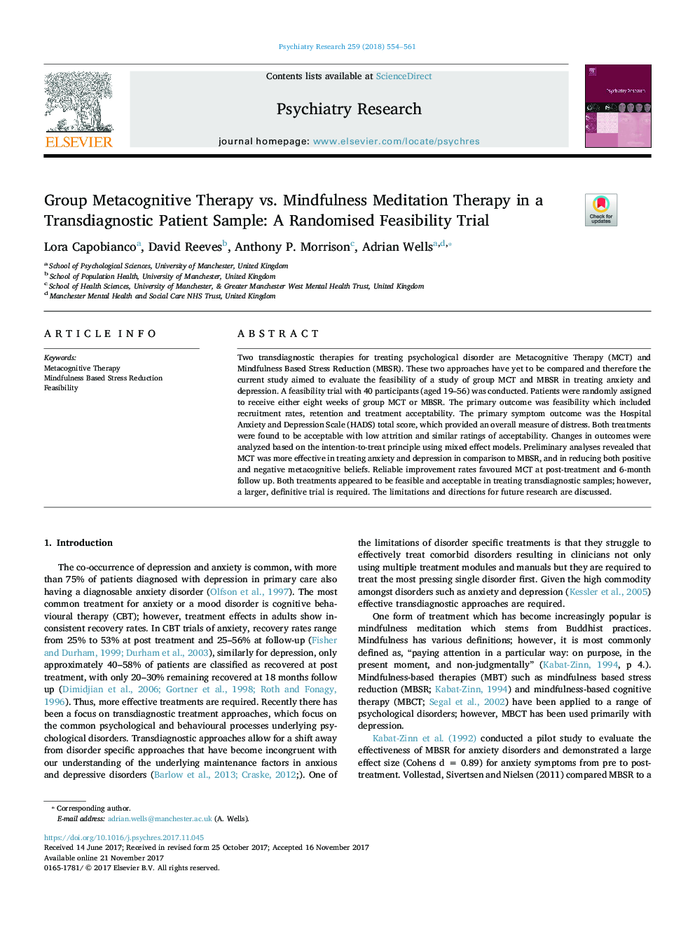 Group Metacognitive Therapy vs. Mindfulness Meditation Therapy in a Transdiagnostic Patient Sample: A Randomised Feasibility Trial