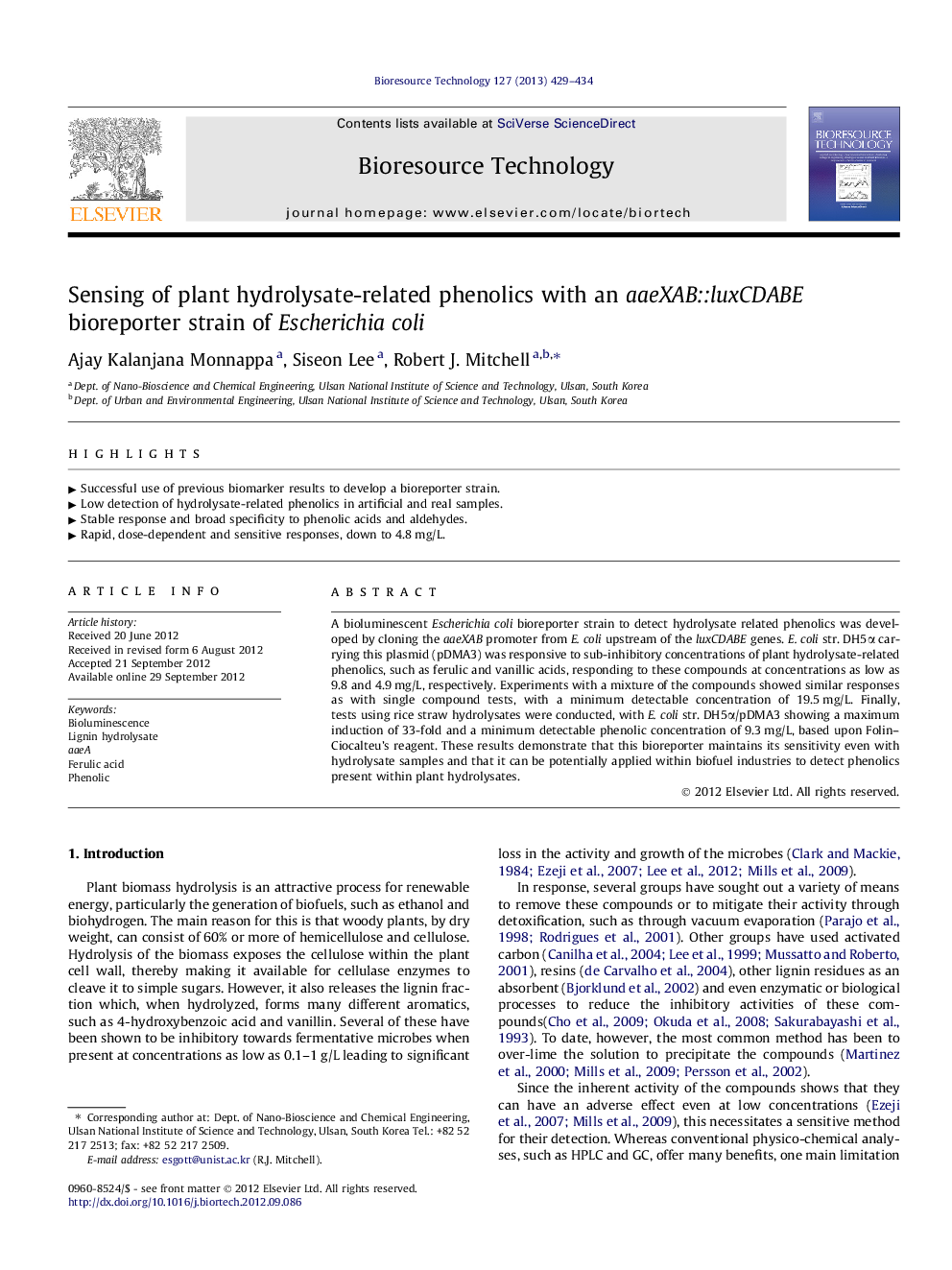 Sensing of plant hydrolysate-related phenolics with an aaeXAB::luxCDABE bioreporter strain of Escherichia coli