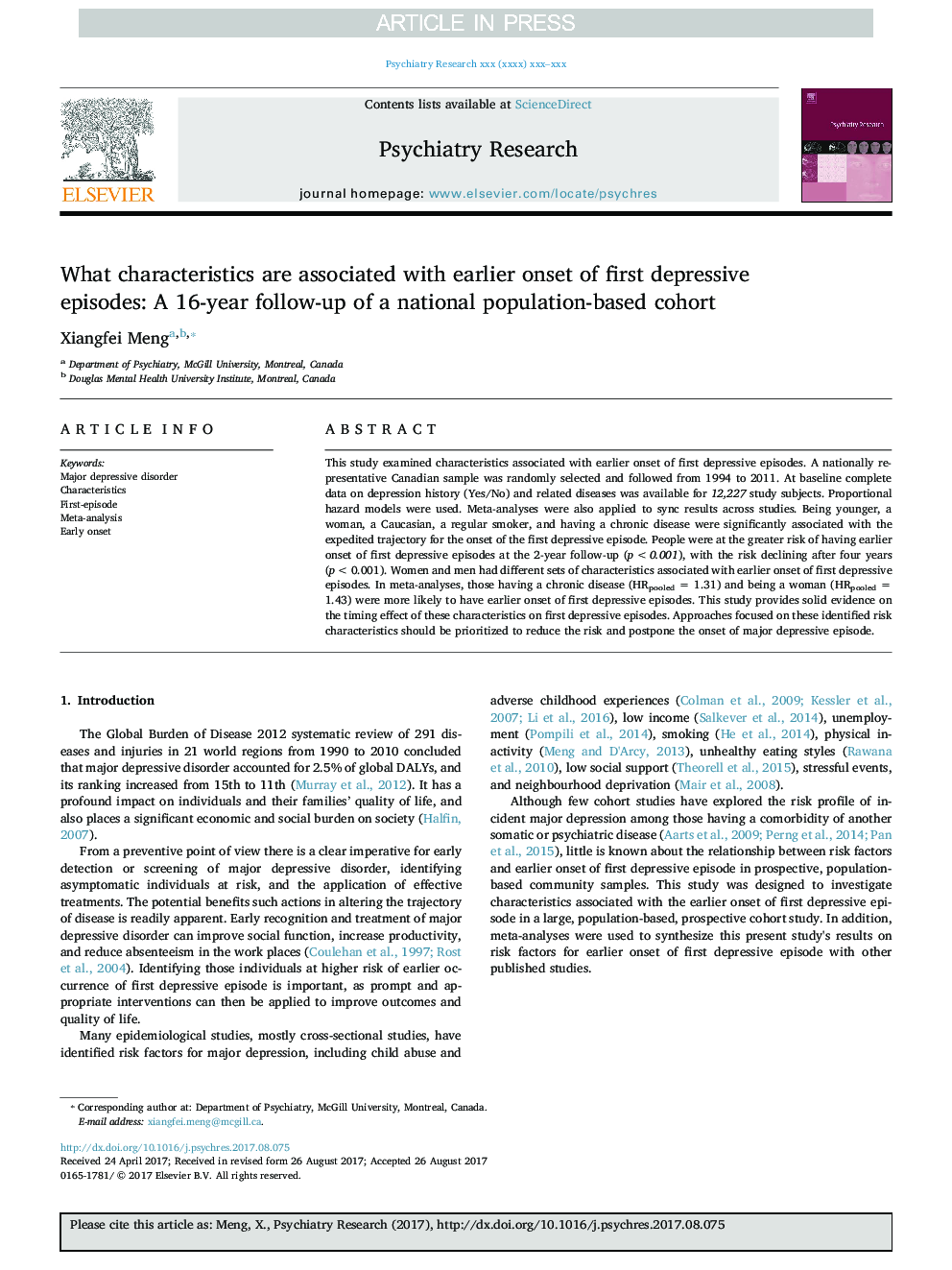 What characteristics are associated with earlier onset of first depressive episodes: A 16-year follow-up of a national population-based cohort