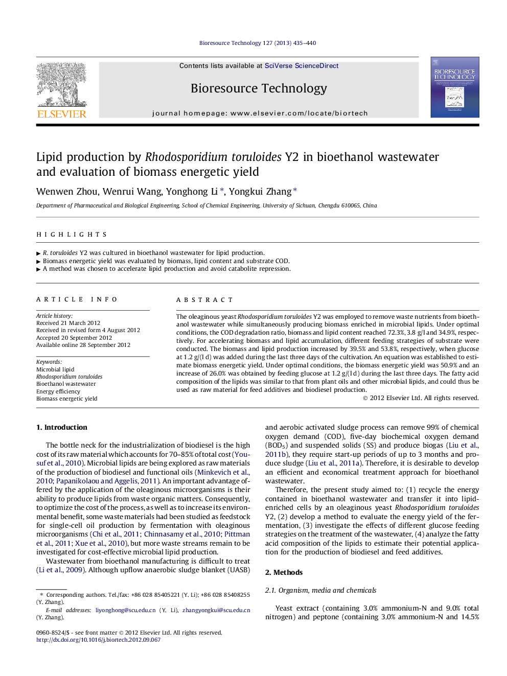 Lipid production by Rhodosporidium toruloides Y2 in bioethanol wastewater and evaluation of biomass energetic yield