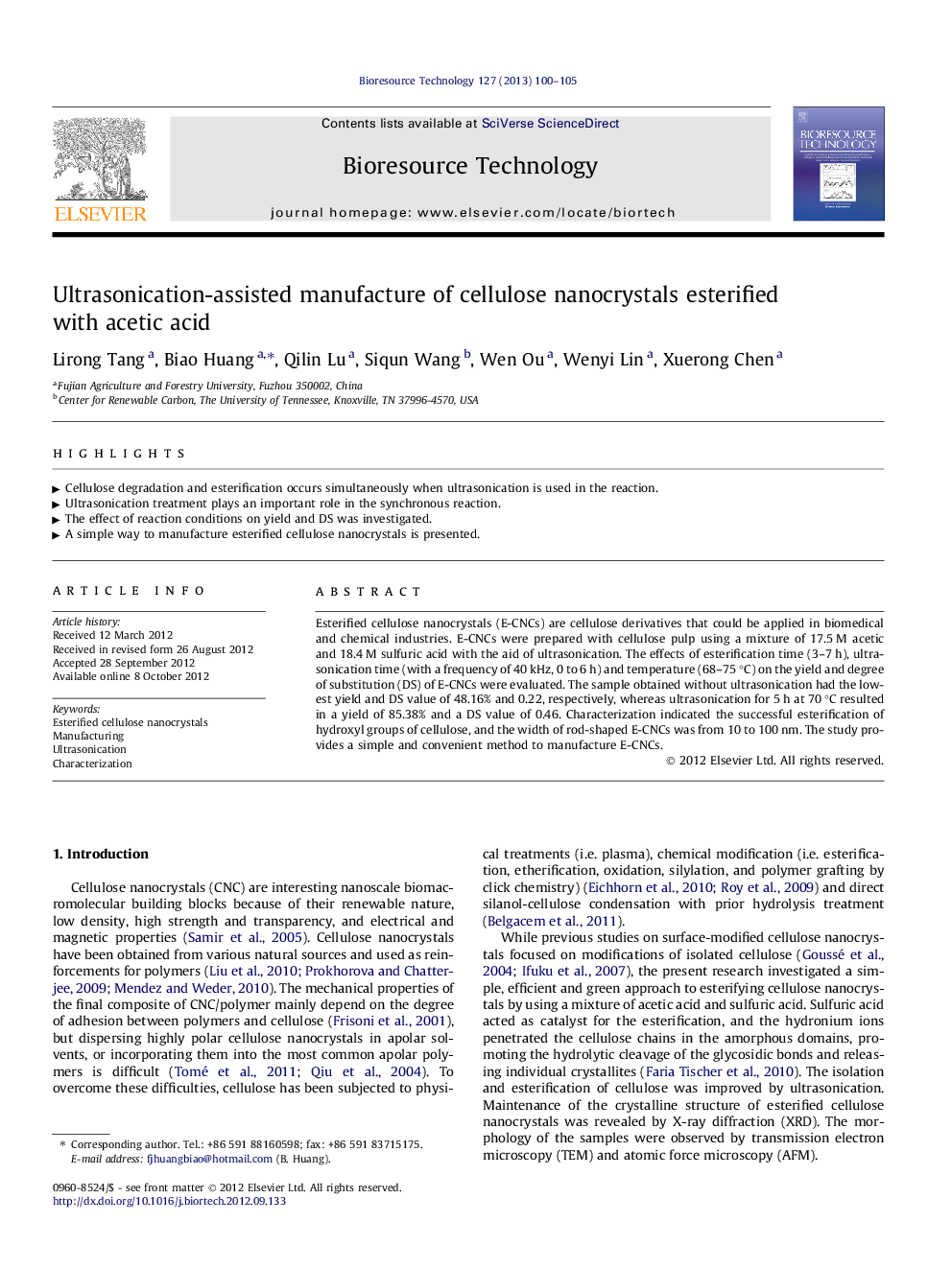 Ultrasonication-assisted manufacture of cellulose nanocrystals esterified with acetic acid