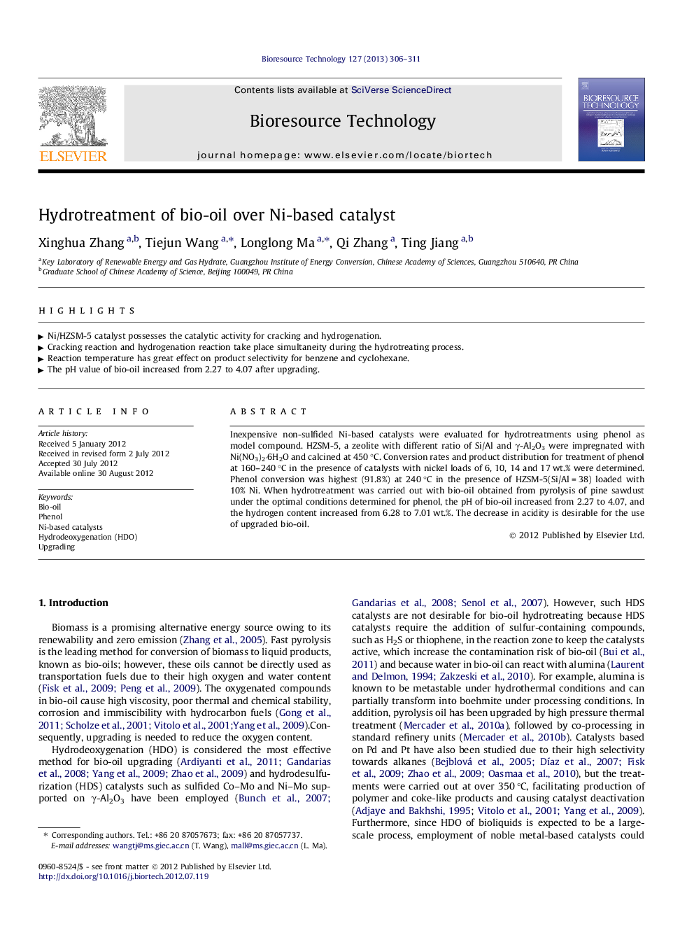 Hydrotreatment of bio-oil over Ni-based catalyst