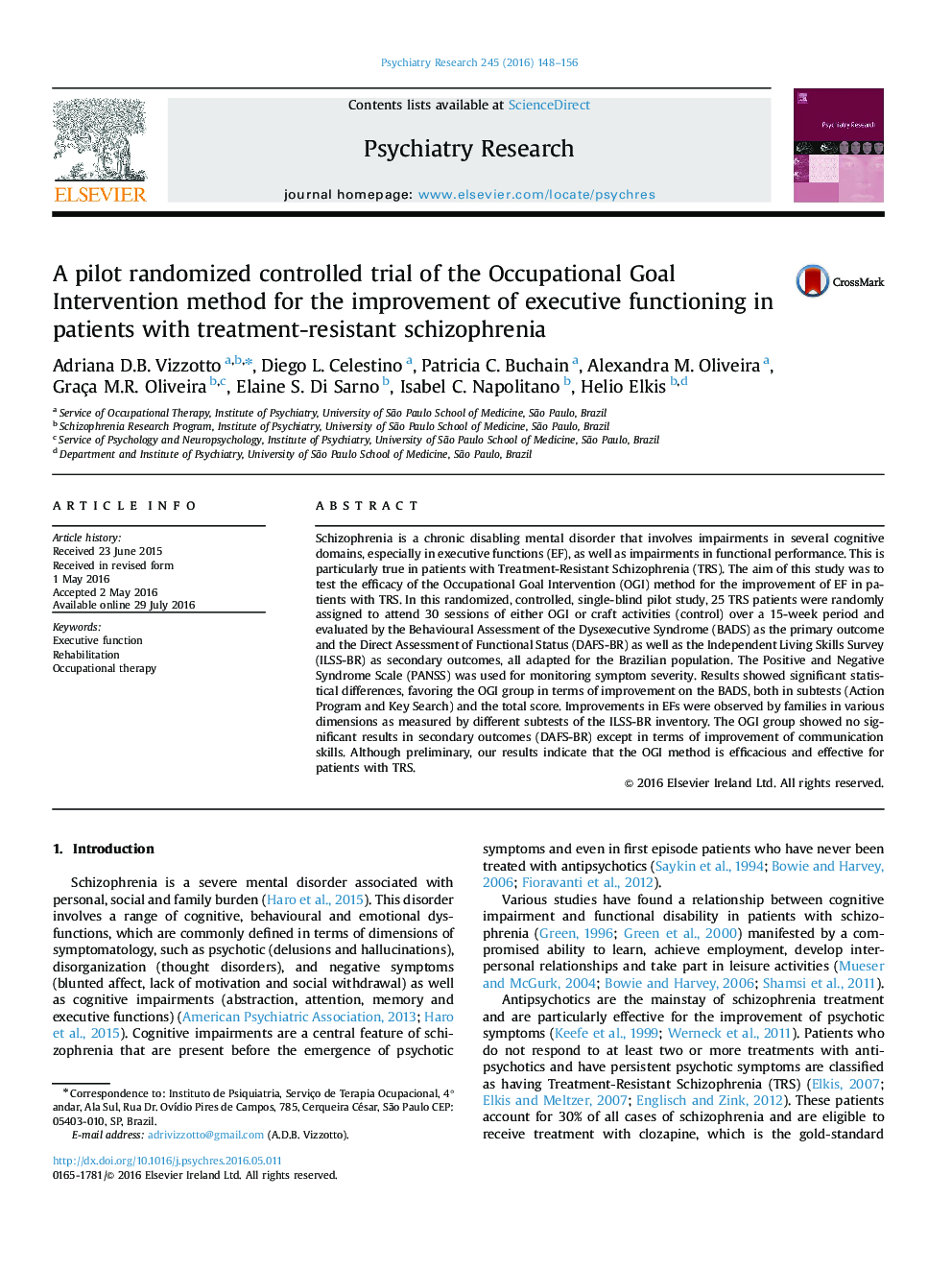 A pilot randomized controlled trial of the Occupational Goal Intervention method for the improvement of executive functioning in patients with treatment-resistant schizophrenia