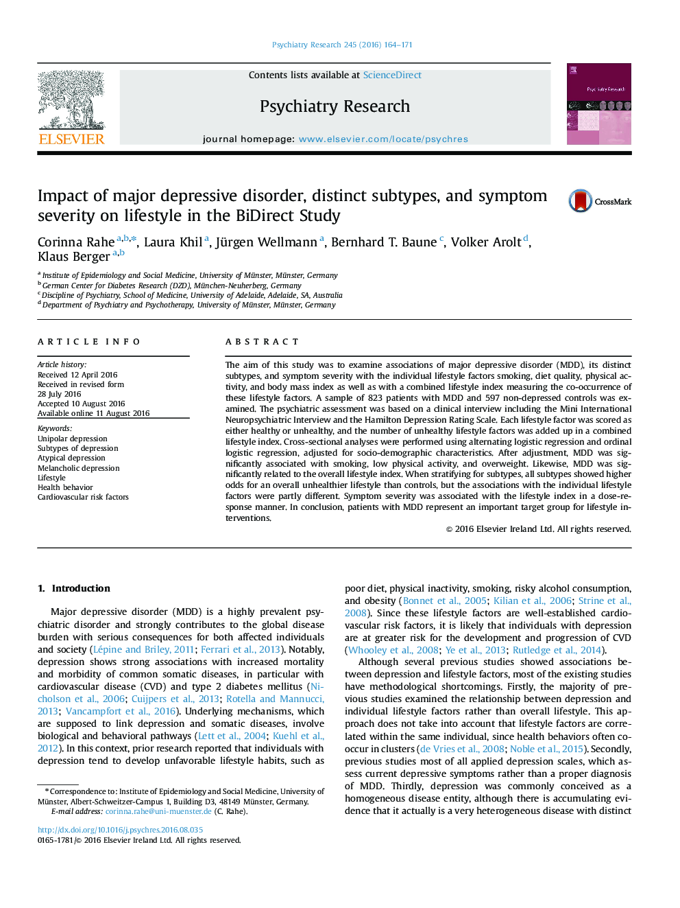 Impact of major depressive disorder, distinct subtypes, and symptom severity on lifestyle in the BiDirect Study