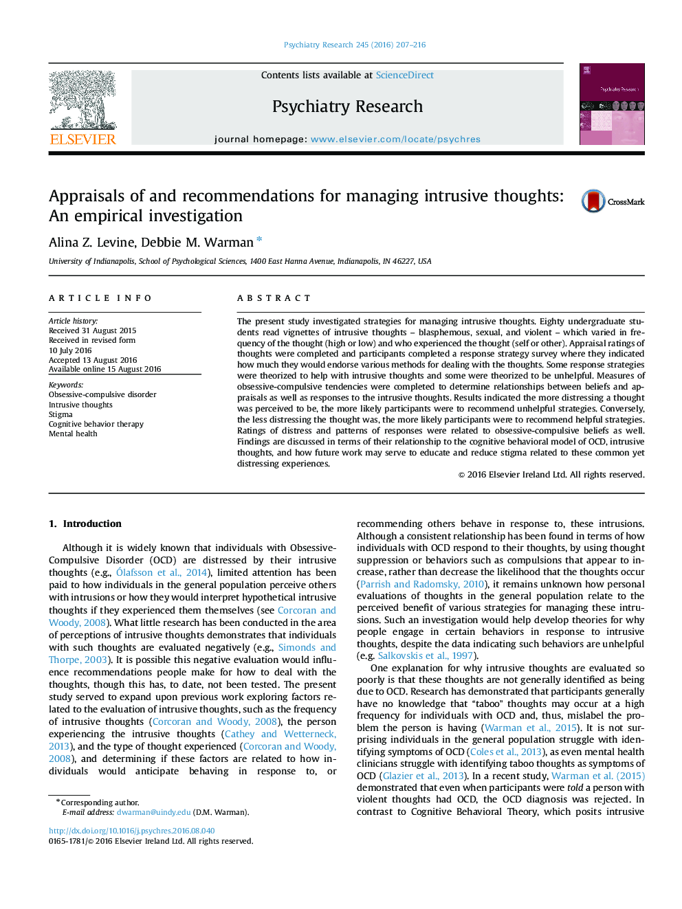 Appraisals of and recommendations for managing intrusive thoughts: An empirical investigation