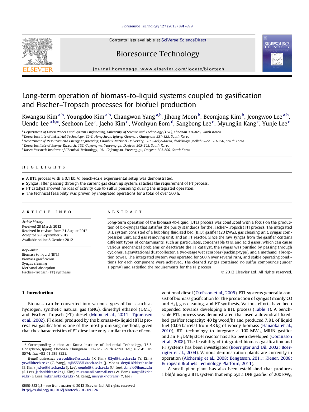 عکس صفحه اول مقاله: Long-term operation of biomass-to-liquid systems coupled to gasification and Fischer–Tropsch processes for biofuel production Long-term operation of biomass-to-liquid systems coupled to gasification and Fischer–Tropsch processes for biofuel production
