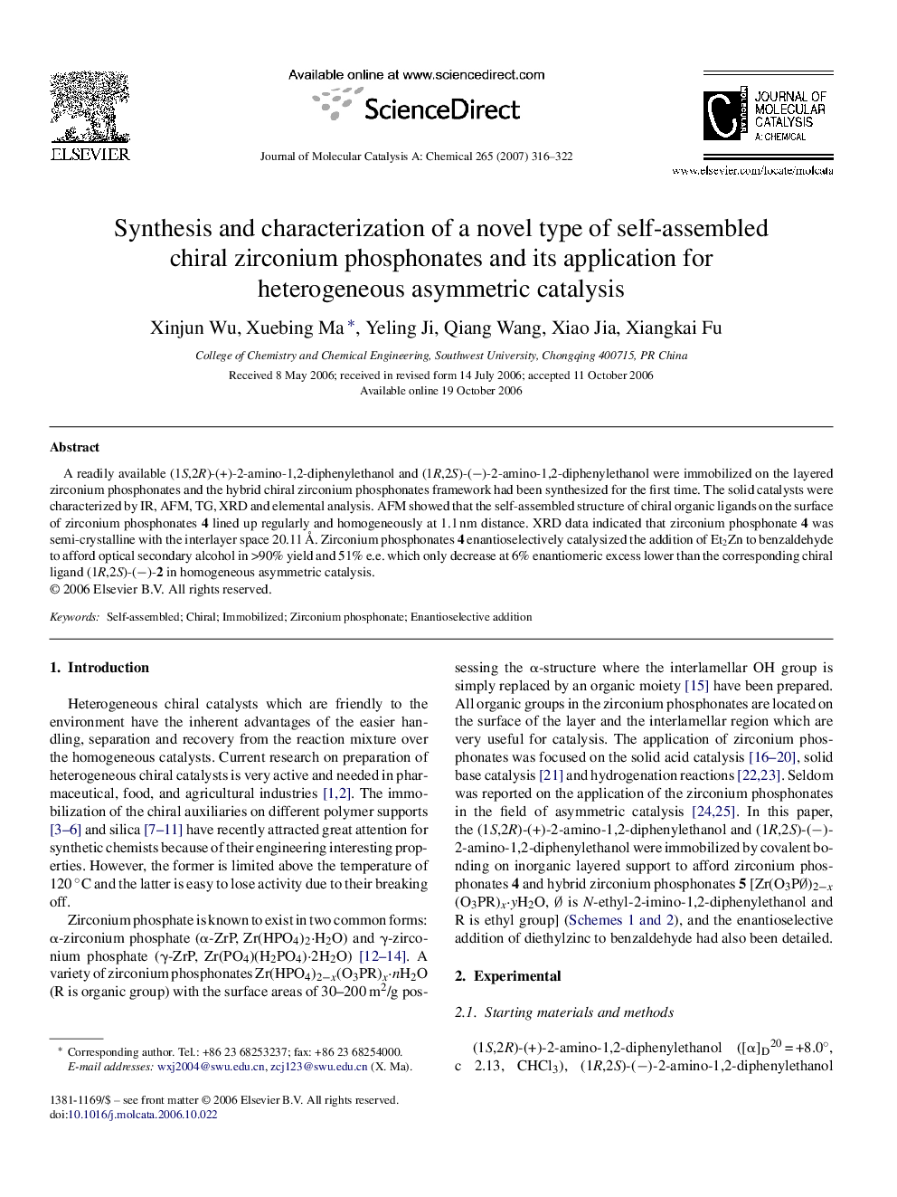 Synthesis and characterization of a novel type of self-assembled chiral zirconium phosphonates and its application for heterogeneous asymmetric catalysis