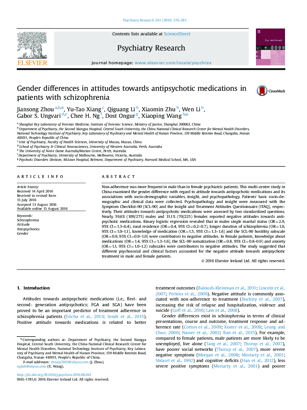 Gender differences in attitudes towards antipsychotic medications in patients with schizophrenia