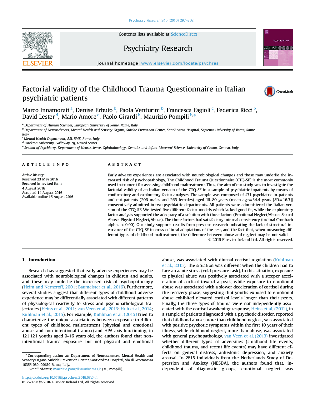 Factorial validity of the Childhood Trauma Questionnaire in Italian psychiatric patients